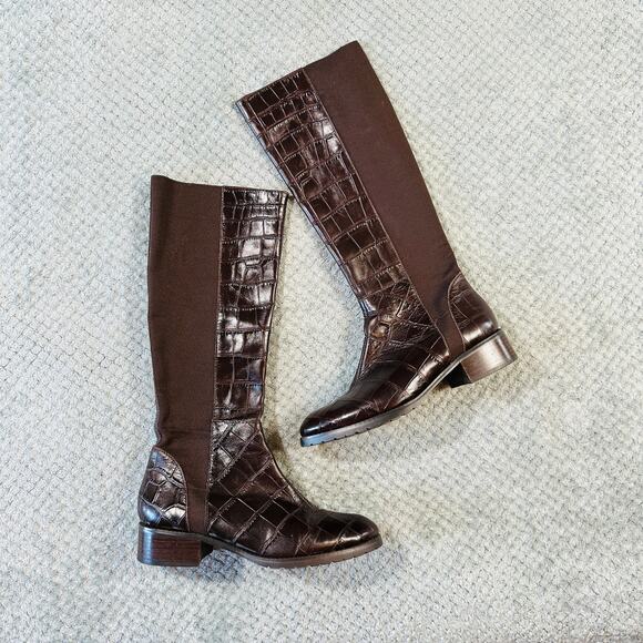 Donald J Pliner Chocolate Brown Croc Embossed Calf High Tall Leather Riding Boot - Picture 1 of 4
